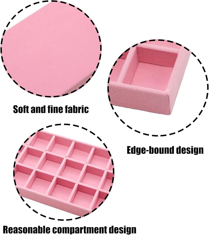 Velvet Jewelry Organizer Trays Pink 18 Grids | Stackable Jewelry Storage Display Tray with Removable Dividers for Drawers