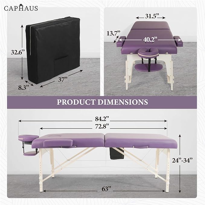 CAPHAUS Premium Memory Foam Massage Table, 84 Inch Foldable & Portable, Height Adjustable Spa Bed, Facial Cradle Salon Bed, Wooden Legs & Carry Case, 32 Inch Wide, Purple