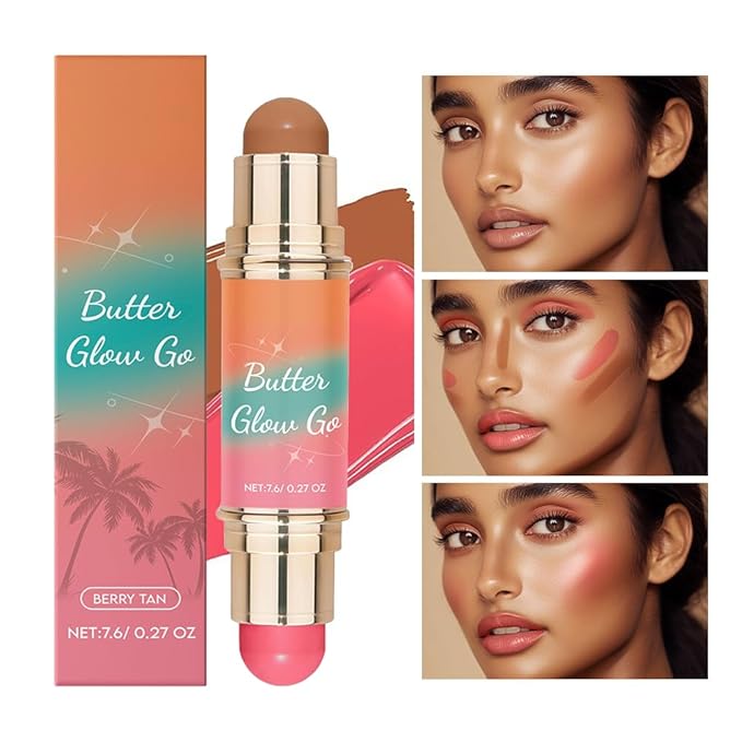 Dual-Ended Blush & Bronzer Stick – 2-in-1 Creamy Contour & Cheek Tint, Hydrating Vegan Multi-Use Makeup for Natural Radiant Finish, Cruelty-Free (Berry Tan)