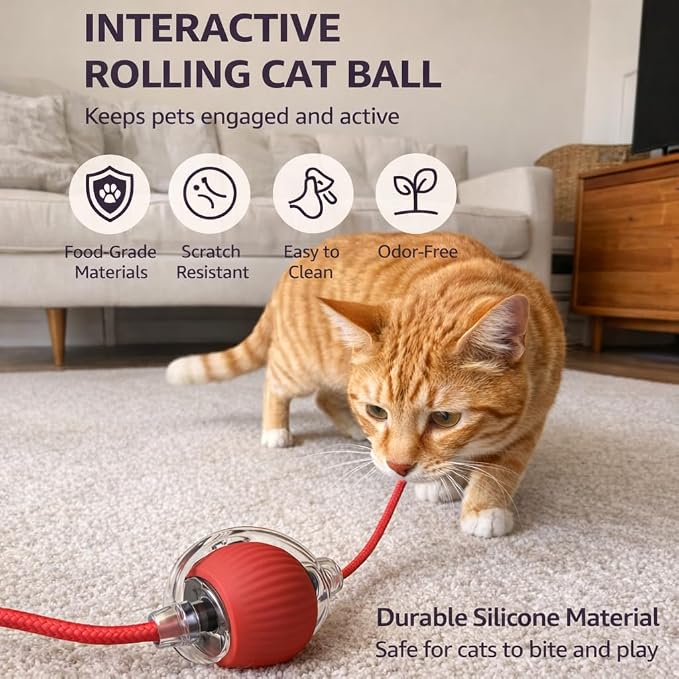 Interactive Rolling Cat Ball Toy with String, Motion Activated Automatic Cat Toy, USB Type C Rechargeable LED Light Pet Toy for Indoor Cats (Green)