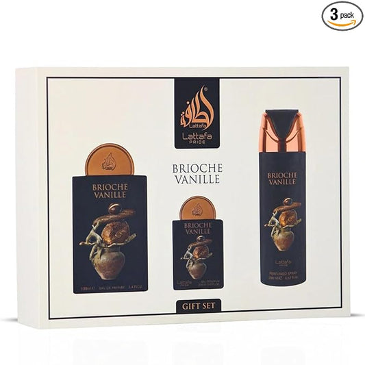 Lattafa Pride Brioche Vanille 3-Piece Gift Sets – Long Lasting Arabian Perfumes for Unisex – Eau de Parfum & Perfumed Spray – Elegant Ladies Perfume with Floral & Woody Scents – Premium Gift Box