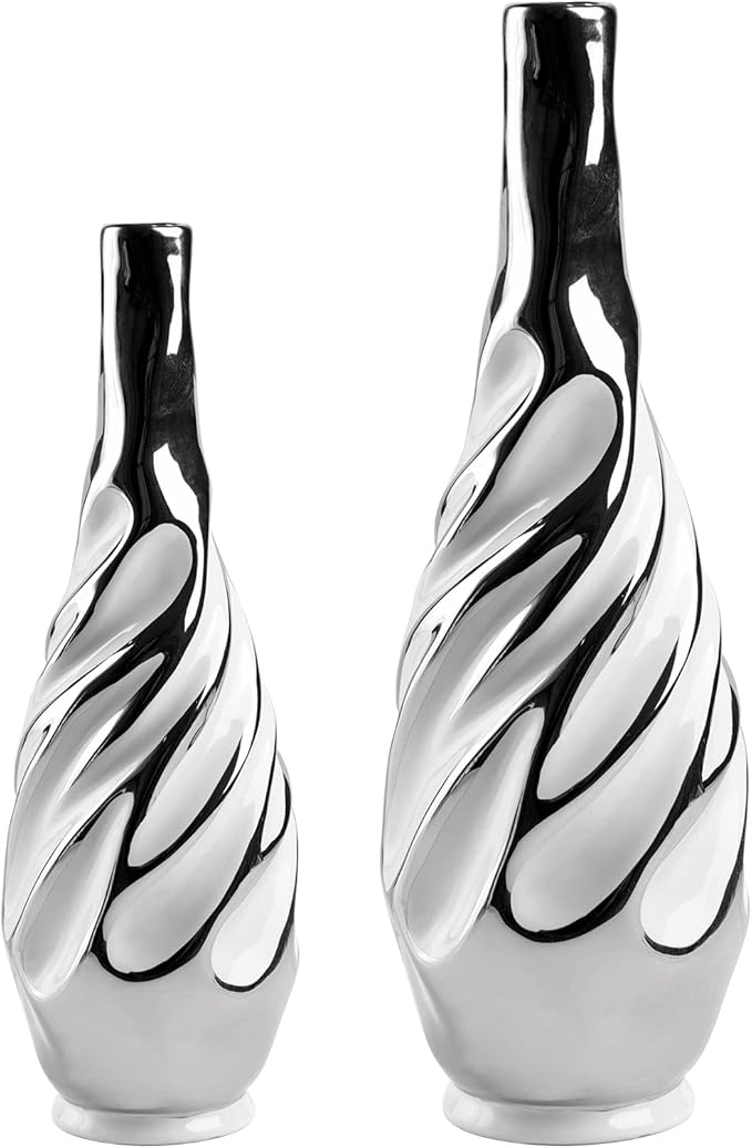 Yundu Ceramic Vase Set of 2, White with Silver, Modern Home Décor, Living Room, Dried Flowers, 14x6x6 inches