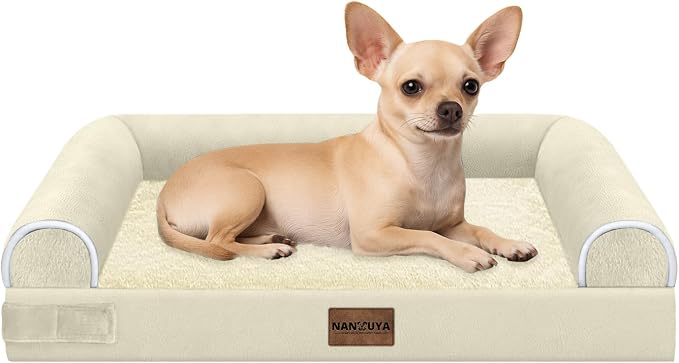 Orthopedic Dog Bed for Small Dogs, 24 x 16 Inch, Beige | Egg crate foam for joint support, 3-sided bolster pet sofa, waterproof lining, washable cover, and non-skid base
