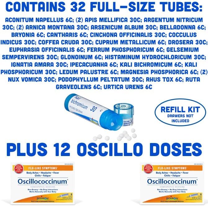 Boiron HomeoFamily Refill Kit with The Essentials - 32 Assorted Homeopathic 6c and 30c Tubes, 12 Oscillococcinum Doses - This is a Homeo Family Refill Kit (Does Not Include Blue Storage Drawers)