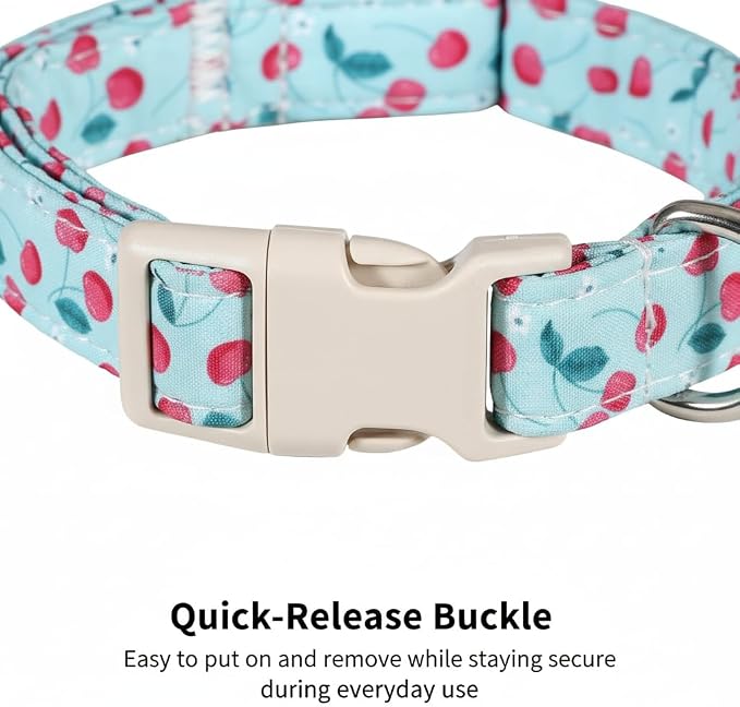 Cherry Dog Collar, Blue Dog Collar for Spring Summer with Quick Release Buckle, Fits Medium, Large, Female, Male Dogs, M