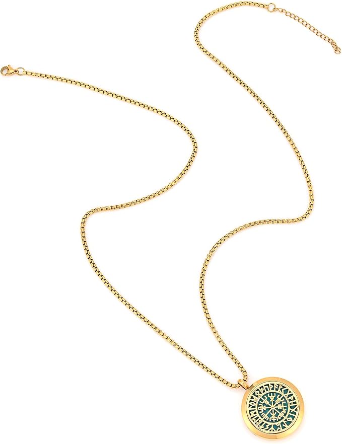 Norse Vikings Amulet Essential Oil Diffuser Necklace - Stainless Steel Locket- Best for Aromatherapy-Perfume, Fragrance, Scent Diffusers for Women (Gold)