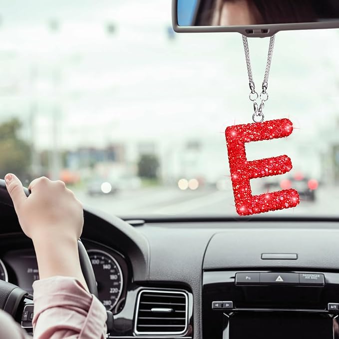 Bling Letter E Car Charm Pendant Letter Hanging Ornament for Rear View Mirror Decoration (Red, E)