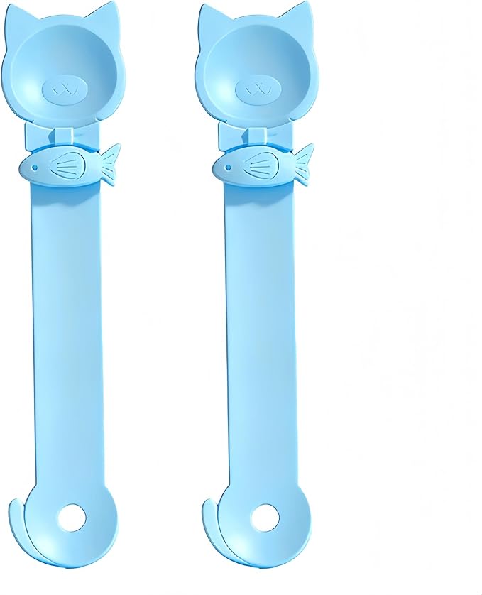 Tail-Shaped Cat Treat Dispenser - Squeeze Spoon for Wet Food & Cat Strips, Multi-Purpose Pet Food Can Accessory, Easy Clean (Blue+Blue)