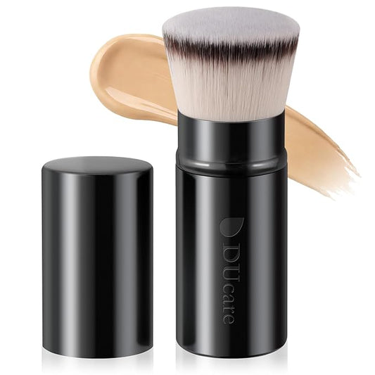 DUcare Retractable Foundation Self Tanner Brush Flat Top Kabuki Brush for Liquid, Cream and Powder Face Makeup With Aluminum Handle