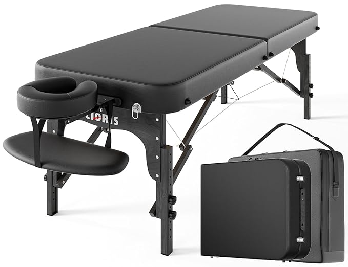 CLORIS 84" Professional Massage Table Portable Reinforced Wooden Leg 2 Folding Lightweight Spa Salon Tattoo Massage Bed Height Adjustable Hold Up to 1100LBS with Carrying Bag Black