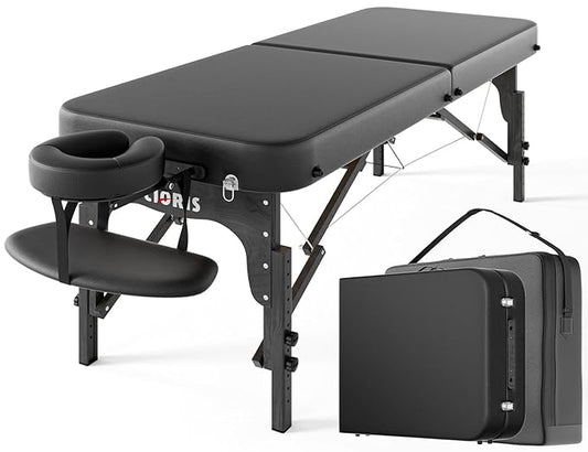 CLORIS 84" Professional Massage Table Portable Reinforced Wooden Leg 2 Folding Lightweight Spa Salon Tattoo Massage Bed Height Adjustable Hold Up to 1100LBS with Carrying Bag Black