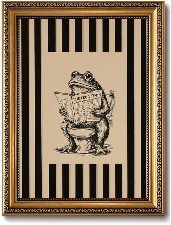 Funny Bathroom Wall Decor Art Vintage Whimsical Frog Gold Framed Wall Art | Black Beige Striped Picture Canvas Art Humour Animal Small Framed Prints Artwork For Vanity Shelf Restroom Toilet Powder Room
