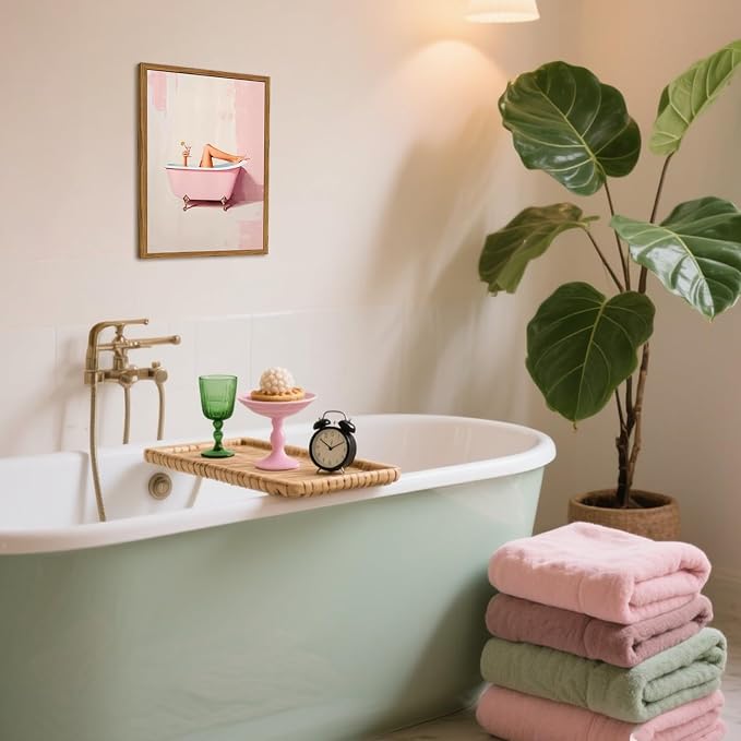 Funny Pink Girl Bathroom Wall Art, Cute Girly Bathtub Wall Decor Painting Trendy Pastel Woman and Martini Bathroom Poster Canvas Print Artwork 12x16 inch Framed