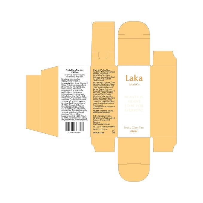 Laka Fruity Glam Lip Tint Mini, 1.9g/0.07oz, Glowing Lip Stain with Wide Color Spectrum, Hydrating & Lightweight Texture, Long-Lasting Bold Stain, Non-Sticky, Vegan, K-Beauty (#124 Maro)