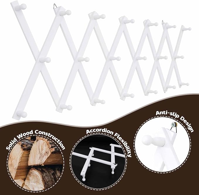 SCUNDA Wall Rack with 20 Hooks, Wooden Wall Expandable Coat Rack for Coat, Hats, Baseball Caps, Coffee Mug, Jewelry(White)