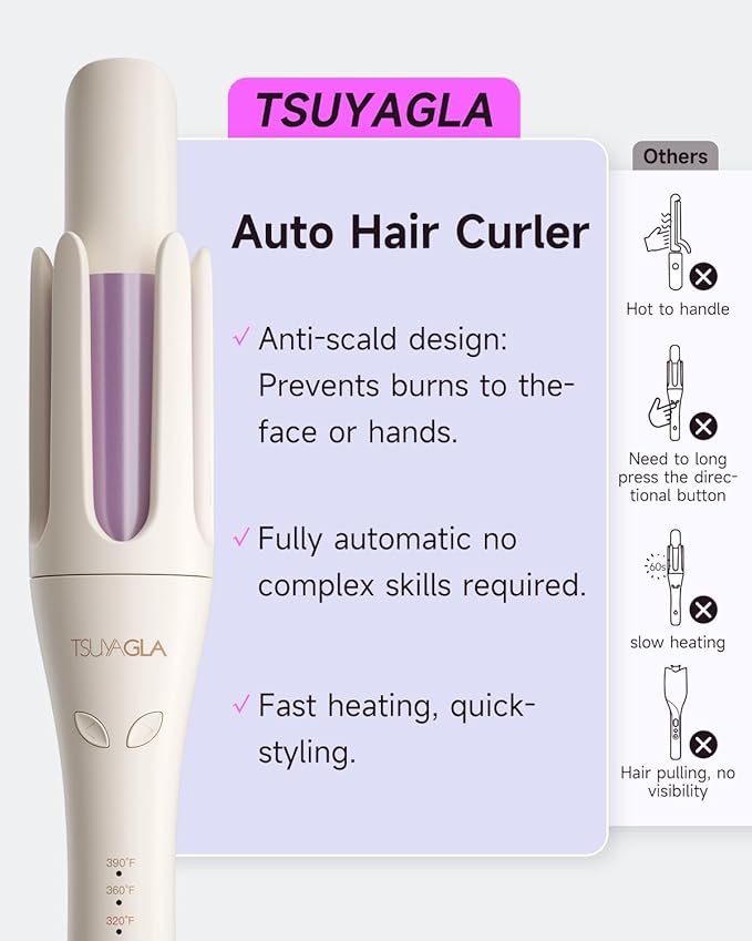 TSUYAGLA Automatic Hair Curler, 1 1/4 Inch Rotating Curling Iron with 3 Temp, 500 Million Ionic, 2-Way Rotation,10S Fast Heating, Anti-Scald, Anti-Tangle Rotating Curling Wand for Long Hair