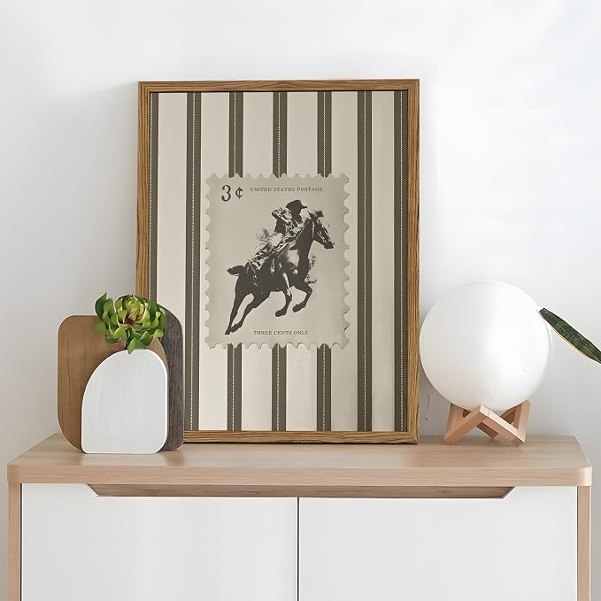 Vintage Western Wall Art Southwest Cowboy Wall Decor Pictures Mid Century Southwestern Striped Cowboy Riding Horse Poster Canvas Prints for Bedroom Living Room 16x24 inch Wood Framed