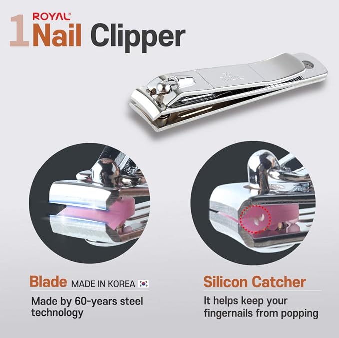 [Made in Korea] ROYAL 5 Pcs Compact Nail Clippers Set-Nail Clipper, Cuticle Remover, Nail File, Mini tweezer, Safety Scissors with Portable case Black