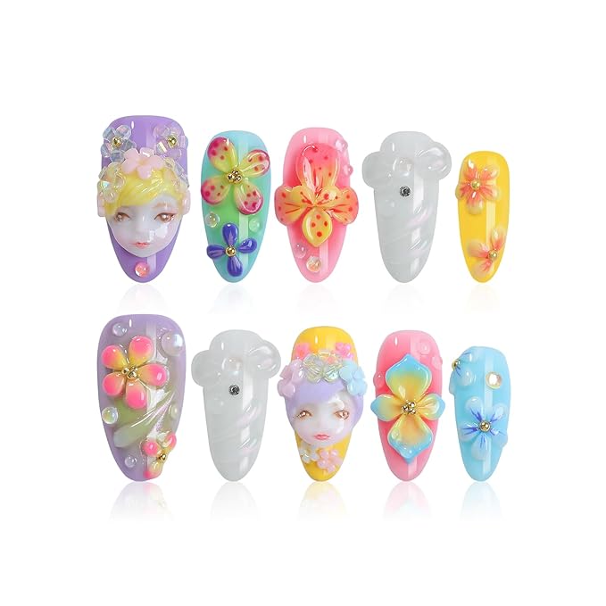 Press on Nails - Medium Almond Colorful Doll with Handmade Nails Acrylic Handmade Press on Nail for Salon Party