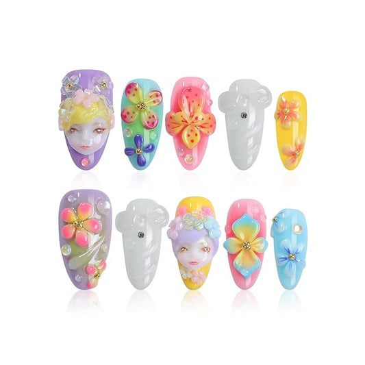 Press on Nails - Medium Almond Colorful Doll with Handmade Nails Acrylic Handmade Press on Nail for Salon Party