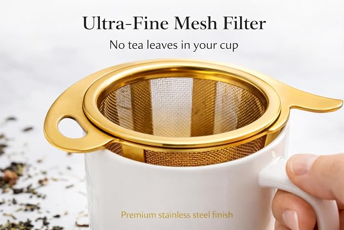 Tea Infuser Set (2 Pack) – Gold Stainless Steel Loose Leaf Tea Strainers with Drip Trays & Scoop – Gift Box for Tea Lovers