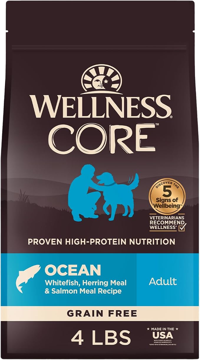 Wellness CORE Adult Dry Dog Food, Grain Free Kibble, Natural, High Protein, Chicken Free, Whitefish, Herring and Salmon Recipe, 4 lb Bag