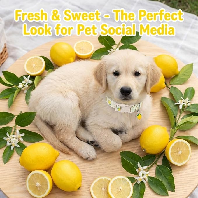 Dog Collar, Spring Summer Dog Collar with Yellow Lemon and Cute Charm, Pet Collar with Quick Release Buckle and Durable Fabric, Suitable for Small Dogs