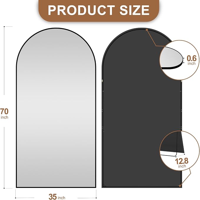 Arched Full Length Mirror with Stand, 70x35 Black Floor Mirror | Aluminium alloy frame with HD float glass for distortion-free reflection. Free standing or wall mounted.
