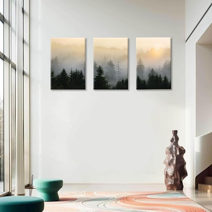 Bwodke Misty Forest Mountain Canvas Wall Art Set of 3, 12x16 inch | Nature Landscape Wall Decor, Misty Forest Mountain Prints, Living Room Bedroom Office Art