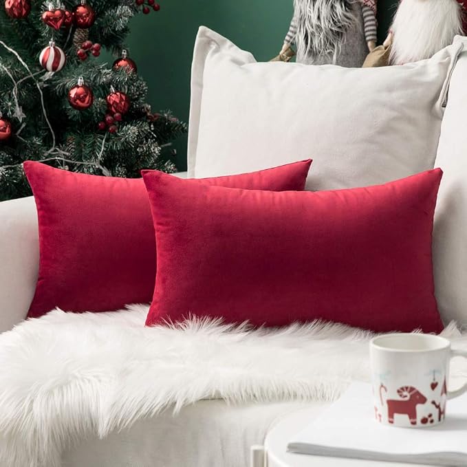 MIULEE 12x20 Inch Lumbar Velvet Throw Pillow Covers Red | Pack of 2 Soft Solid Decorative Pillow Covers, Modern Luxury Home Decor, for Chair Couch Sofa Bedroom Livingroom