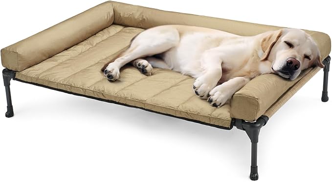 Veehoo Outdoor Elevated Dog Bed with Waterproof Bolster Cushion, Cooling | Raised Dog Bed with Removable & Washable Mat Topper, Breathable Mesh, Dog Couch Cot for Indoor Outdoor, 42", Large, Beige