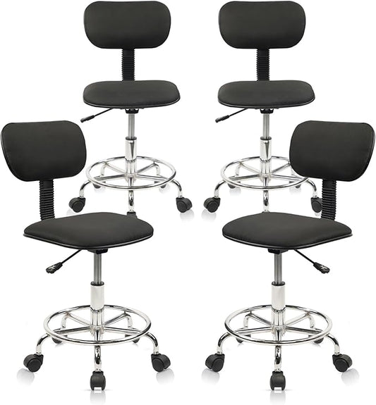 Low Wide Rolling Swivel Stool with Backrest, Adjustable Height Salon Chair Stools with Footrest for Spa Tattoo Office Desk Massage Task Lash Barber Facial, Black 4PK