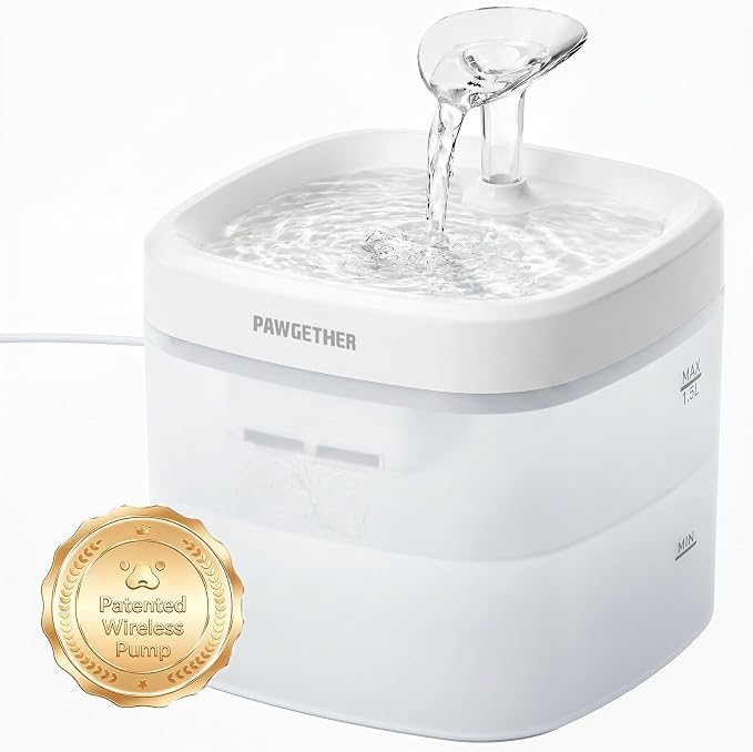 PAWGETHER® Cat Water Fountain with Wireless Pump 51oz/1.5L Dog Water Fountain, Ultra Quiet Automatic Pet Water Fountain Portable Indoor Ourdoor Travel Small Dog Water Dispenser Without Adapter White