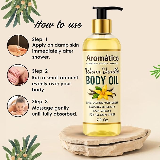Aromatico Warm Vanilla Body Oil for Women - 7 fl oz | Moisturizing Scented Body Oil for After Shower Daily Use | Cozy, Creamy Vanilla Scent