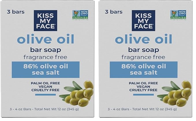 Kiss My Face Olive Oil Fragrance Free Bar Soap,Moisturizing Bar Soap,Cruelty Free Vegan-Soap,Palm Oil-Free,4 Oz -,(Pack of 6)