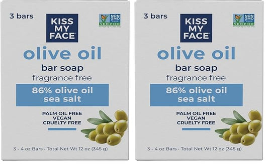 Kiss My Face Olive Oil Fragrance Free Bar Soap,Moisturizing Bar Soap,Cruelty Free Vegan-Soap,Palm Oil-Free,4 Oz -,(Pack of 6)