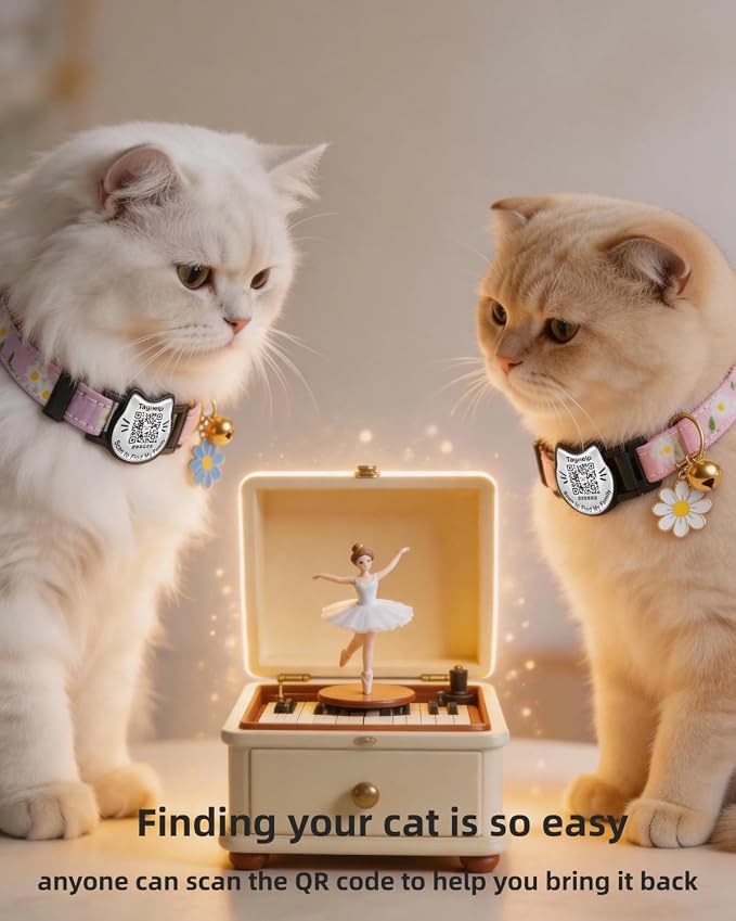 Breakaway Cat Collar with QR Code Tag and Bell (Pink & Purple, Pastoral Style)