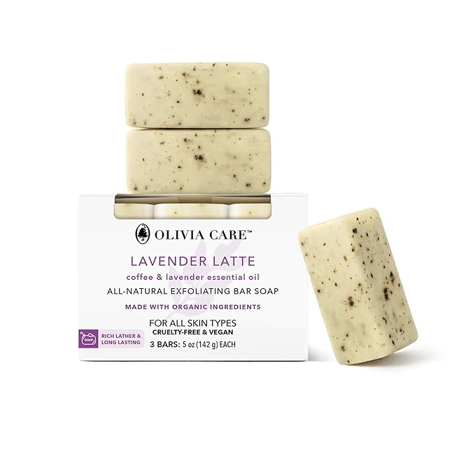 Olivia Care Exfoliating Bar Soap Lavender Latte 3 Pack Natural, Organic. Infused with Coffee Bean & Lavender Essential Oil - 3 X 5 OZ