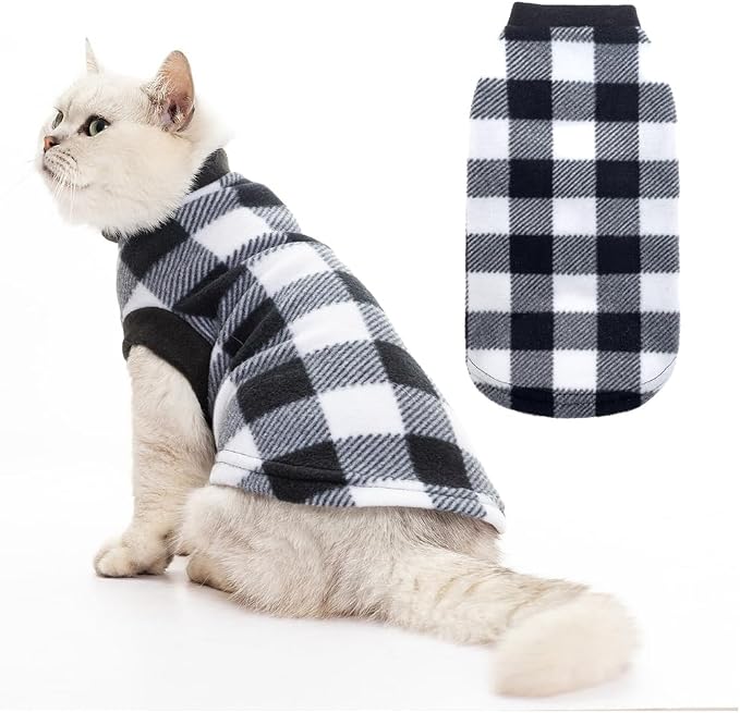 Cat Sweater Warm Fleece Pet Clothes for Cats Only | Soft Cat Vest Puppy Hoodie Coat, Fall Cold Winter Sweatshirt Pullover Clothing also for Small Dogs, Checkered M