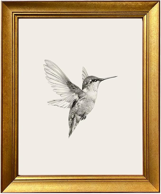 Gold Framed Wall Art Hummingbird Painting Vintage Bird Picture Wall Decor Nursery Canvas Print Neutral Minimalist Artworks for Bedroom Living Room Home Decoration