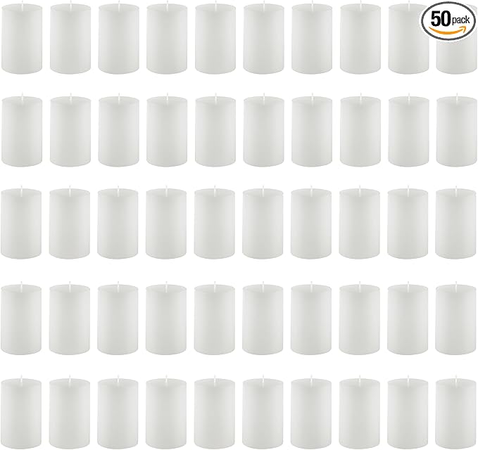 Housecret 50 Pack 2" D x 3" H White Unscented Pillar Votive Candles, Hand Poured Wax Candle (20 Hour Burn Time) Ideal Gifts for Weddings Birthdays Christmas Holidays Party