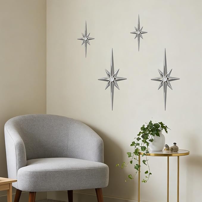 sxnzequnze 4 Pcs Star Wall Art for Home Decor Living Room Bedroom Office Metal 3D,Bling,with Hanging Hook Starburst Midcentury Sculpture Retro Gallery Accent Celestial -Silver 16.5in/9.4in