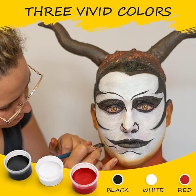 Black White Red Face Body Paint, Water Based Professional Body Paint Set, Non-Toxic Face Paint Makeup for Halloween Party Clown SFX Cosplay