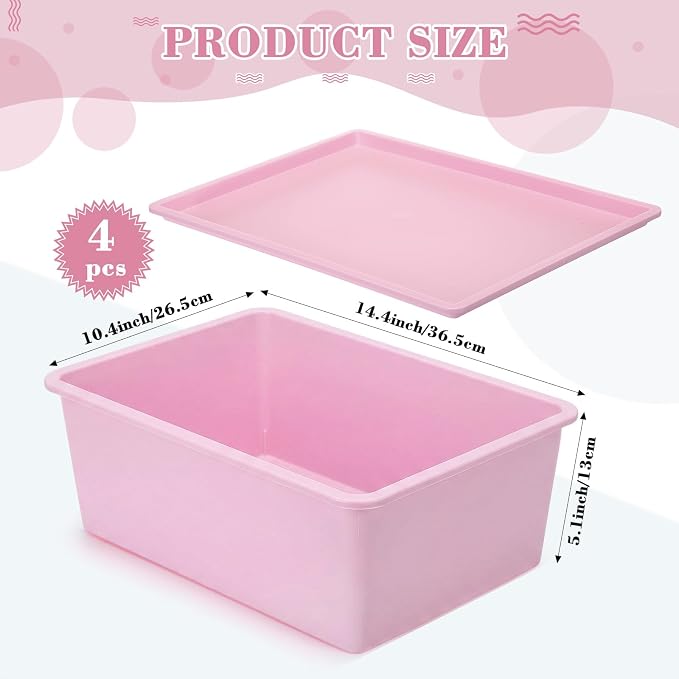 4 Pcs Storage Bins with Lids Plastic Stackable Containers for Classroom Room Organizing Shelves Christmas Ornament Box Baskets(Pink, Purple,Large)