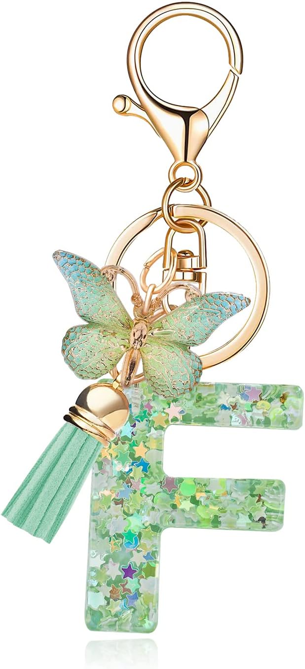 Fashion Alphabet Initial Letter Keychain Tassel Butterfly Pendant Key Ring for Purse Handbags Women Girl