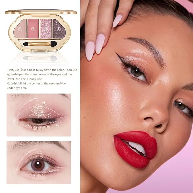 Nude Eyeshadow Palette 4 Colors, smoke pink rose Matte & Shimmer Neutral Shades, Highly Pigmented Blendable Long-Lasting Powder, Smooth No-Fallout Daily Eye Makeup Palette and Natural Looks l-B04