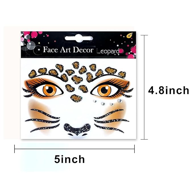 Leopard Face Tattoo Stickers Tiger Lion, Leopard Print Cat Face Gems for Women Party Birthday Cosplay Face Temporary Tattoo for Makeup 2 sheets