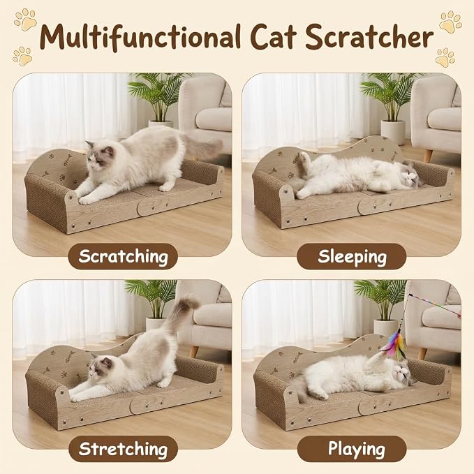 Cat Scratcher Bed,26 Inch Sofa-Shaped Cat Scratcher Couch, Large Luxury Durable Cardboard Sofa Scratcher Pad Furniture Protector for Indoor Cats Scrach,Rest and Play,Beige