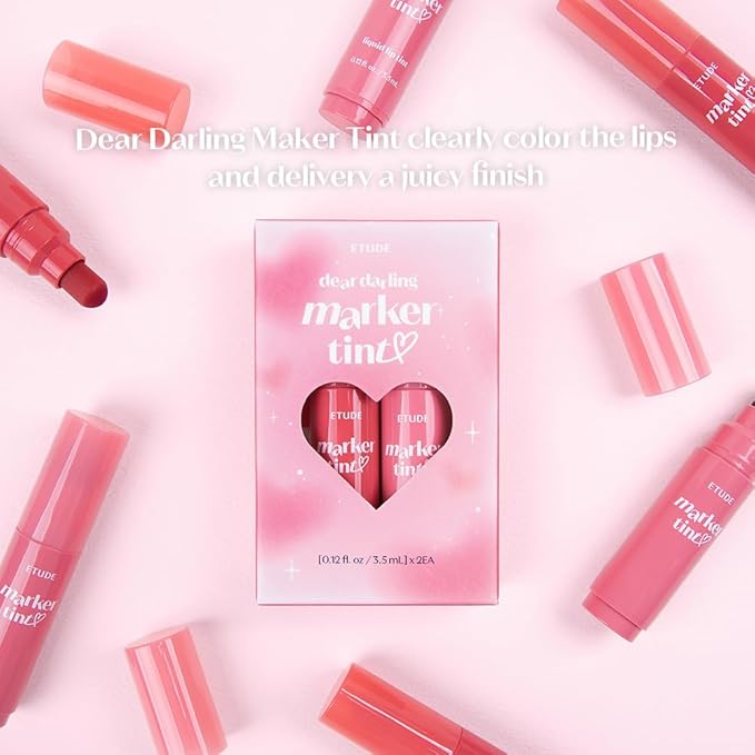 ETUDE Dear Darling Marker Tint Raspberry Pop+Mono Plum set (2 pcs) | Hydrating & Long Lasting Lip Stain | High Pigmented Lip Maker with Easy Drawing Tip | Korean Daily Lip Tint, Korean Makeup, Kbeauty