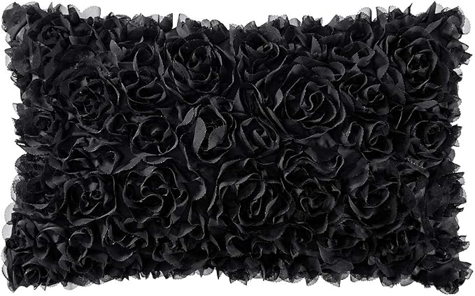 MIULEE Decorative Rose Flower Pillow Cover Pack of 1 Black 12x20 Inch | Cute Romantic Stereo Chiffon Throw Pillow Cover Aesthetic Solid Pillowcase for Girl Coquette Room Decor Coach Bedroom